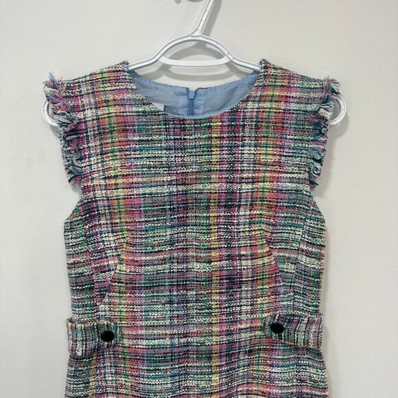 Akris Punto Multicolored Bleached Denim Dress 4 Tweed Plaid Career Fringe‎ NWT - Picture 2 of 10